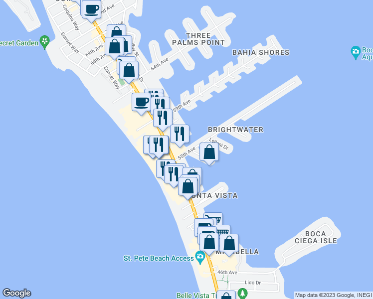 map of restaurants, bars, coffee shops, grocery stores, and more near 207 55th Avenue in St. Pete Beach