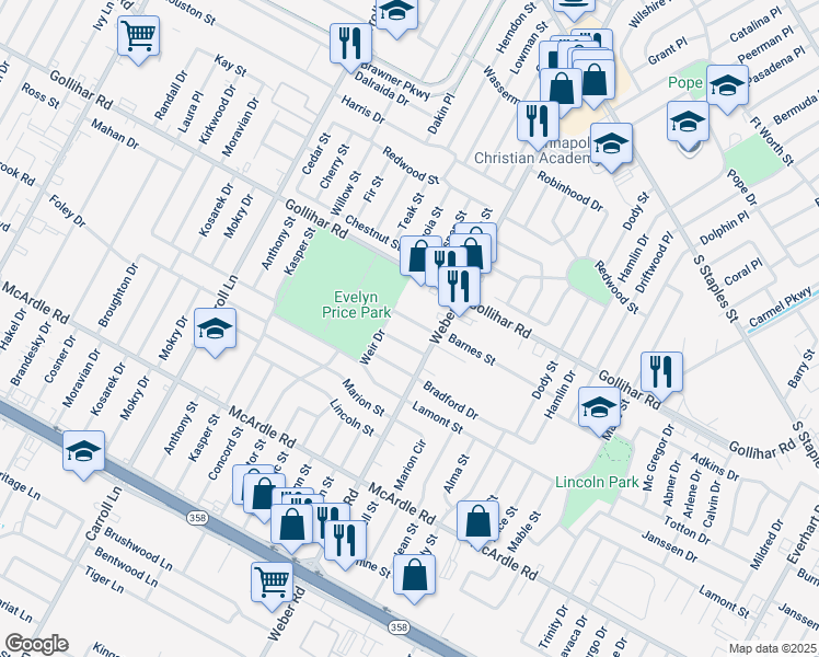 map of restaurants, bars, coffee shops, grocery stores, and more near 3905 Barnes Street in Corpus Christi
