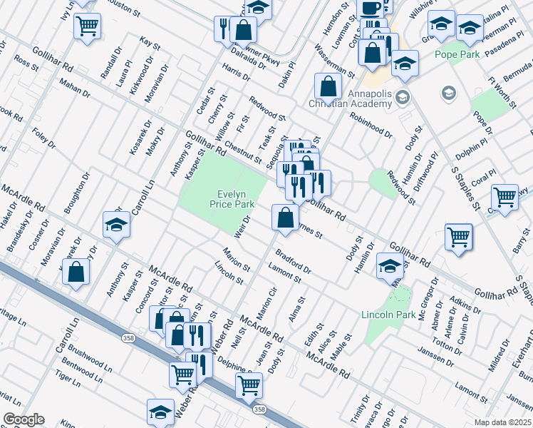 map of restaurants, bars, coffee shops, grocery stores, and more near 3905 Barnes Street in Corpus Christi