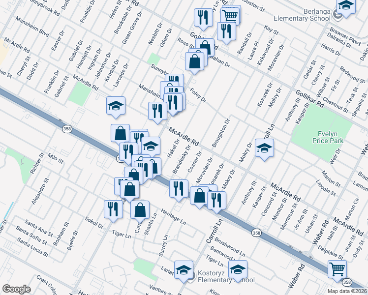 map of restaurants, bars, coffee shops, grocery stores, and more near 4902 Brandesky Drive in Corpus Christi