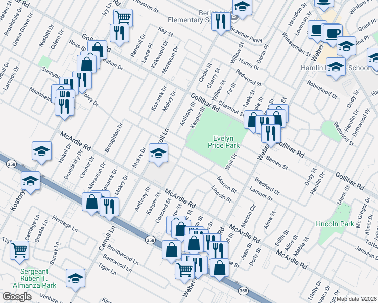 map of restaurants, bars, coffee shops, grocery stores, and more near 3709 Lamont Street in Corpus Christi