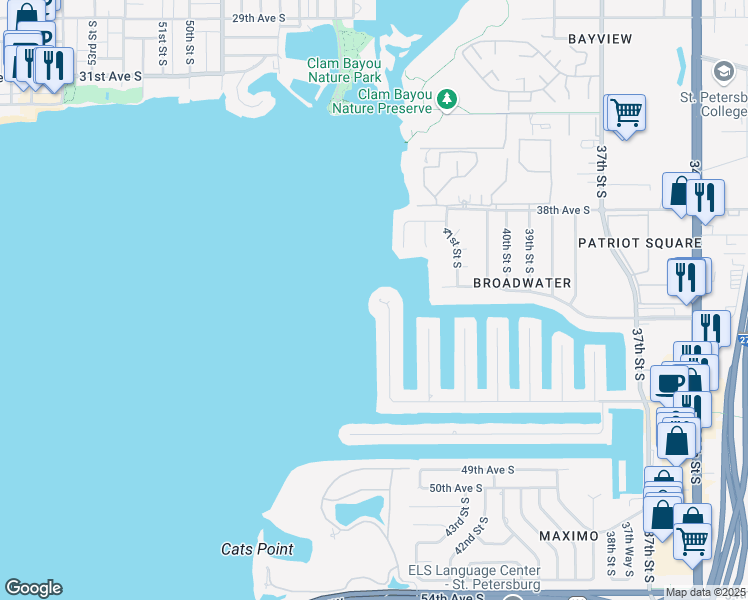 map of restaurants, bars, coffee shops, grocery stores, and more near 4221 45th Street South in Saint Petersburg
