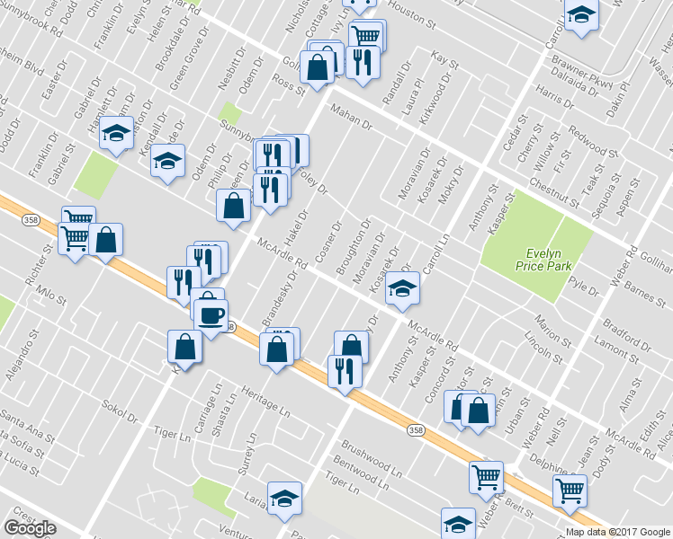 map of restaurants, bars, coffee shops, grocery stores, and more near 4829 Broughton Drive in Corpus Christi