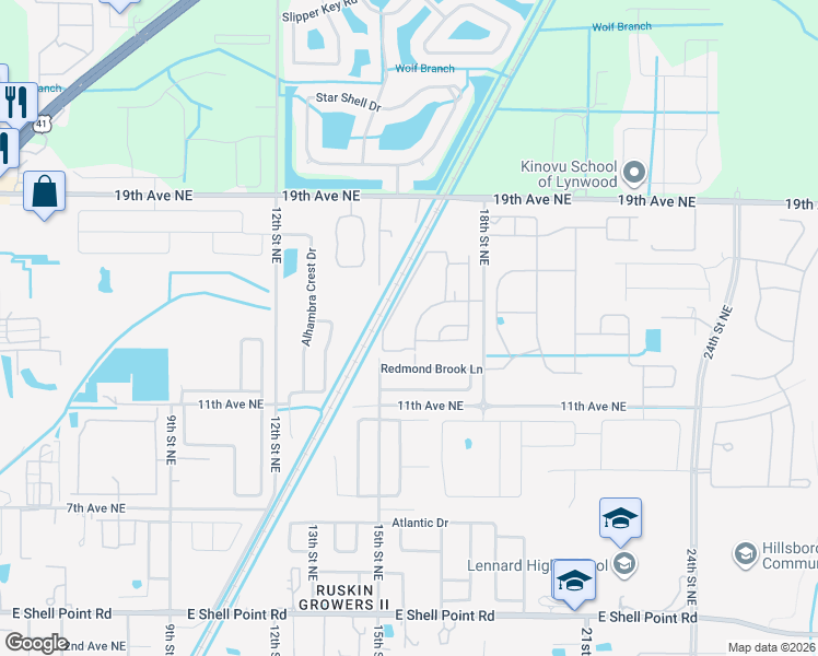 map of restaurants, bars, coffee shops, grocery stores, and more near 1606 Cabbage Key Drive in Ruskin