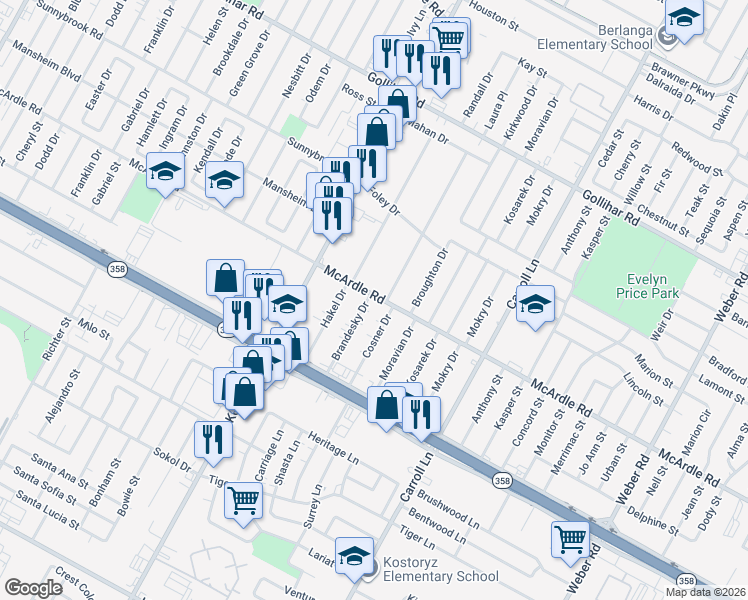 map of restaurants, bars, coffee shops, grocery stores, and more near 4902 Brandesky Drive in Corpus Christi
