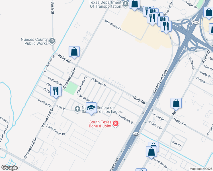 map of restaurants, bars, coffee shops, grocery stores, and more near 1826 El Monte Street in Corpus Christi