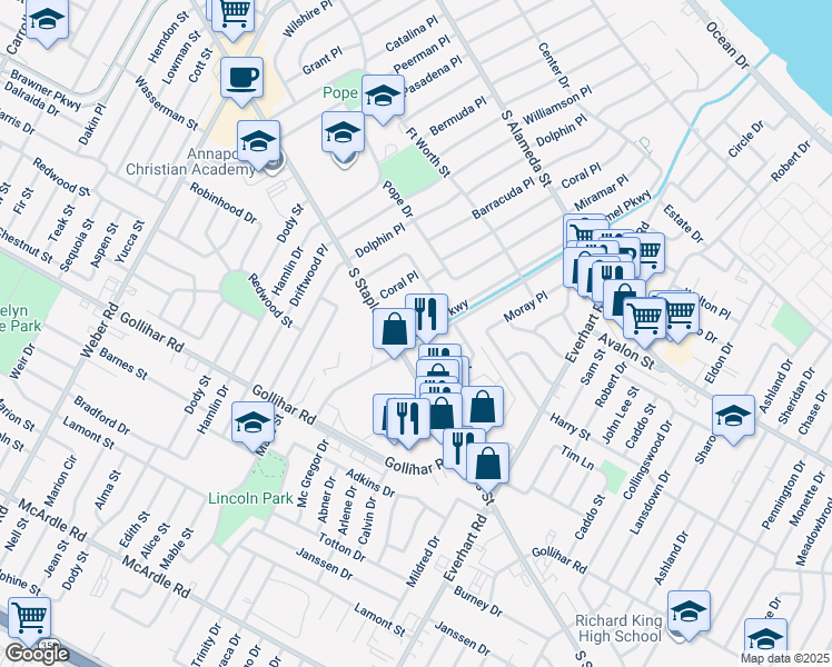 map of restaurants, bars, coffee shops, grocery stores, and more near 1026 Carmel Parkway in Corpus Christi