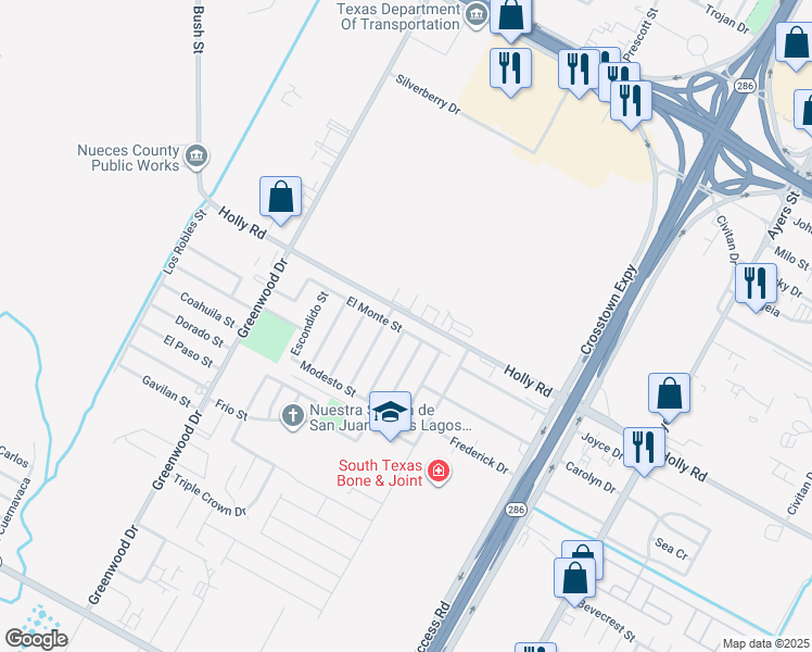 map of restaurants, bars, coffee shops, grocery stores, and more near 1826 El Monte Street in Corpus Christi