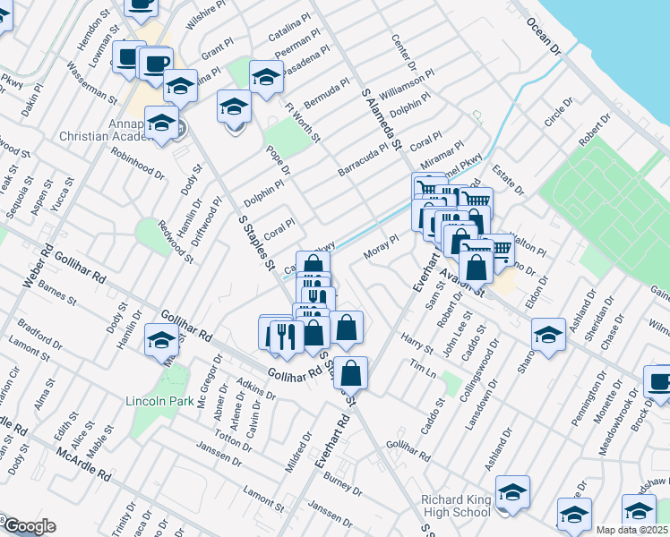 map of restaurants, bars, coffee shops, grocery stores, and more near 668 Moray Place in Corpus Christi