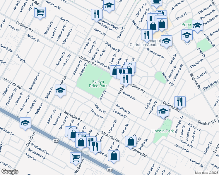 map of restaurants, bars, coffee shops, grocery stores, and more near 3905 Barnes Street in Corpus Christi