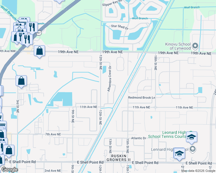map of restaurants, bars, coffee shops, grocery stores, and more near 1310 Alhambra Crest Drive in Ruskin