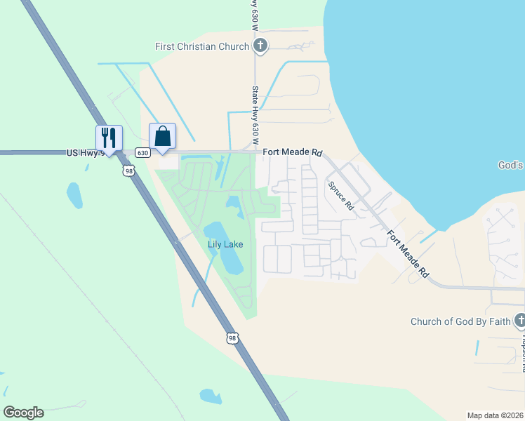 map of restaurants, bars, coffee shops, grocery stores, and more near 332 Fairway Boulevard in Frostproof