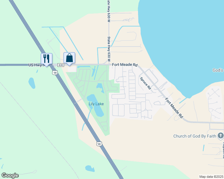 map of restaurants, bars, coffee shops, grocery stores, and more near 332 Fairway Boulevard in Frostproof