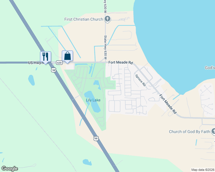 map of restaurants, bars, coffee shops, grocery stores, and more near 332 Fairway Boulevard in Frostproof