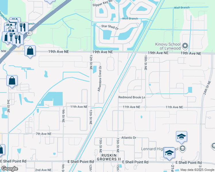 map of restaurants, bars, coffee shops, grocery stores, and more near 1315 Sheridan Bay Drive in Ruskin