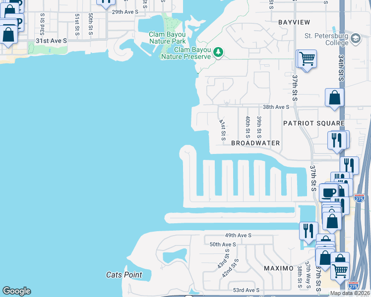 map of restaurants, bars, coffee shops, grocery stores, and more near 4221 45th Street South in St. Petersburg
