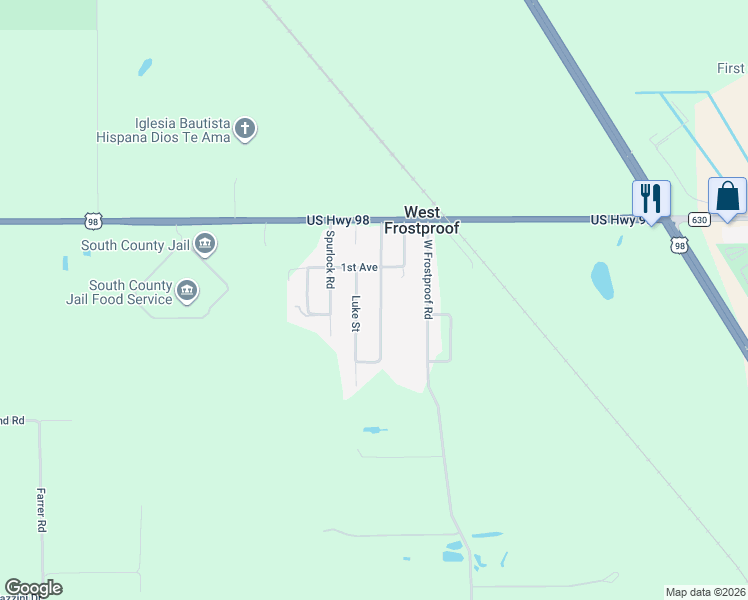 map of restaurants, bars, coffee shops, grocery stores, and more near 165 John Street in Frostproof