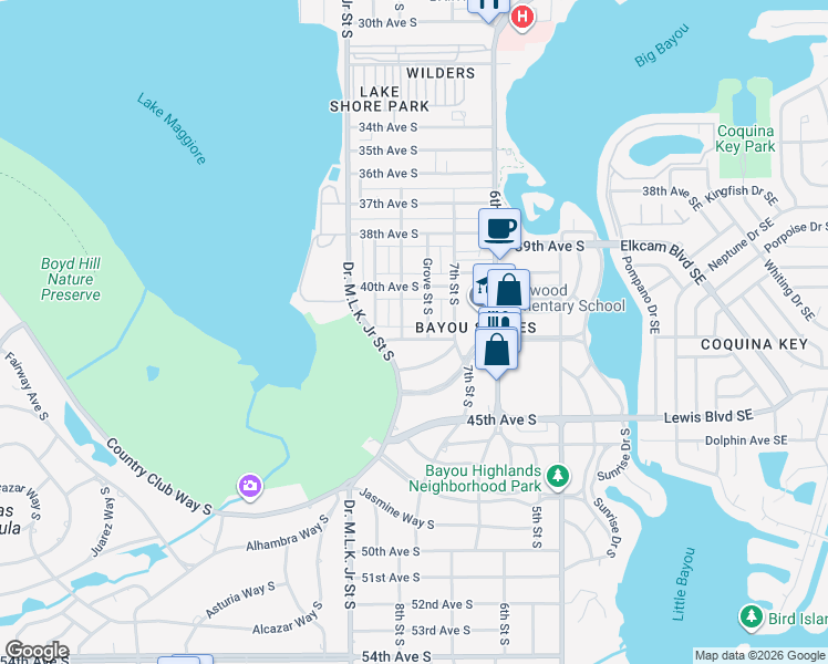 map of restaurants, bars, coffee shops, grocery stores, and more near 773 42nd Avenue South in St. Petersburg