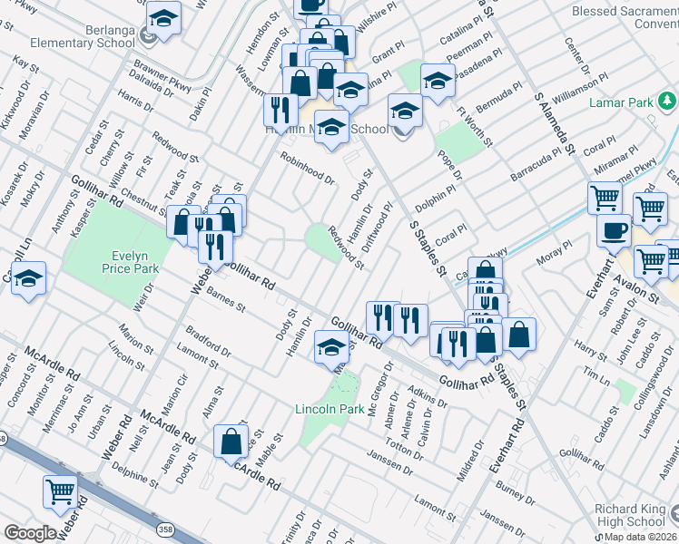 map of restaurants, bars, coffee shops, grocery stores, and more near 4421 Hamlin Drive in Corpus Christi