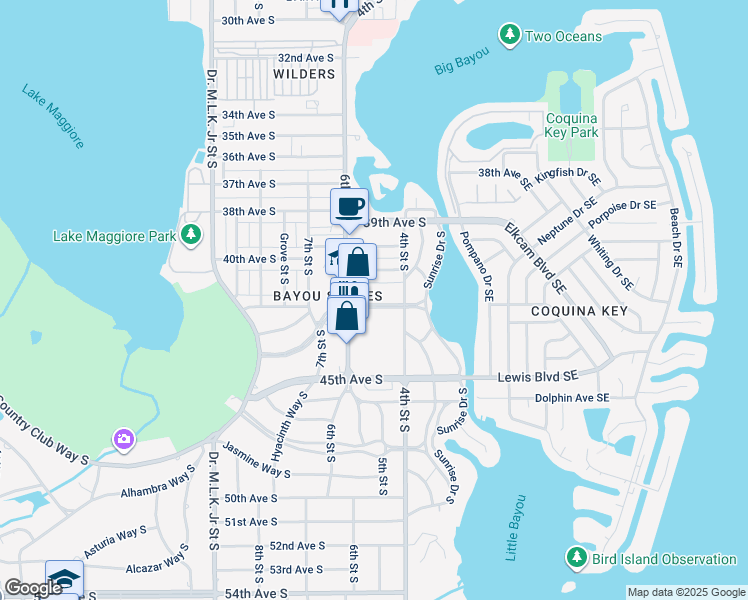 map of restaurants, bars, coffee shops, grocery stores, and more near 501 42nd Avenue South in St. Petersburg