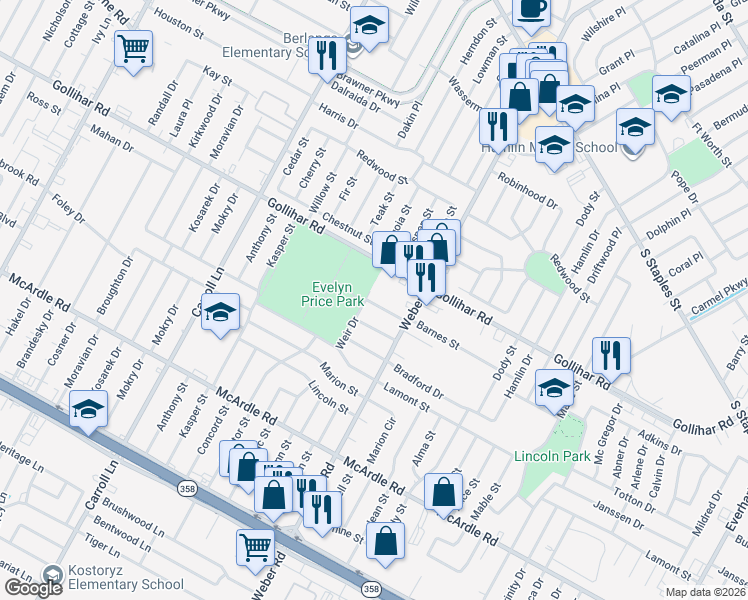 map of restaurants, bars, coffee shops, grocery stores, and more near 3905 Barnes Street in Corpus Christi
