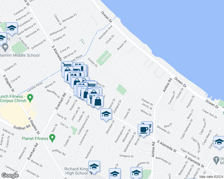 map of restaurants, bars, coffee shops, grocery stores, and more near 425 Eldon Drive in Corpus Christi