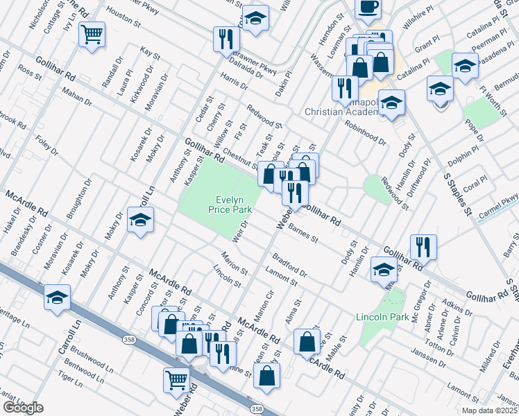 map of restaurants, bars, coffee shops, grocery stores, and more near 3905 Barnes Street in Corpus Christi