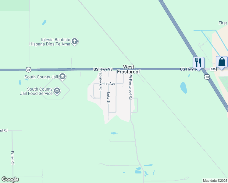 map of restaurants, bars, coffee shops, grocery stores, and more near 165 John Street in Frostproof