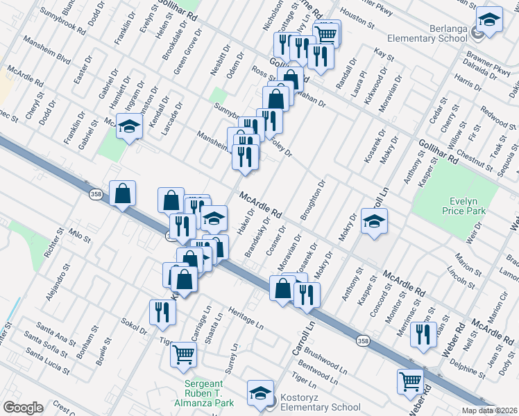 map of restaurants, bars, coffee shops, grocery stores, and more near 4918 Hakel Drive in Corpus Christi