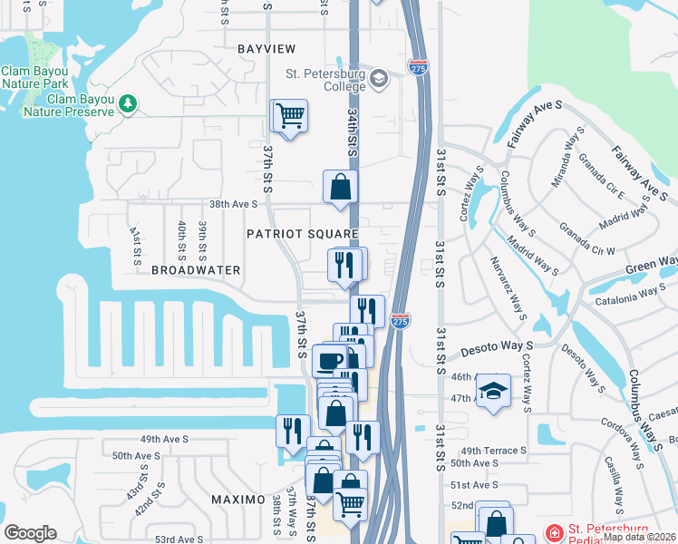 map of restaurants, bars, coffee shops, grocery stores, and more near 3420 41st Avenue South in St. Petersburg