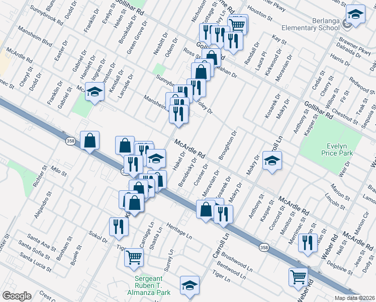 map of restaurants, bars, coffee shops, grocery stores, and more near 4918 Hakel Drive in Corpus Christi