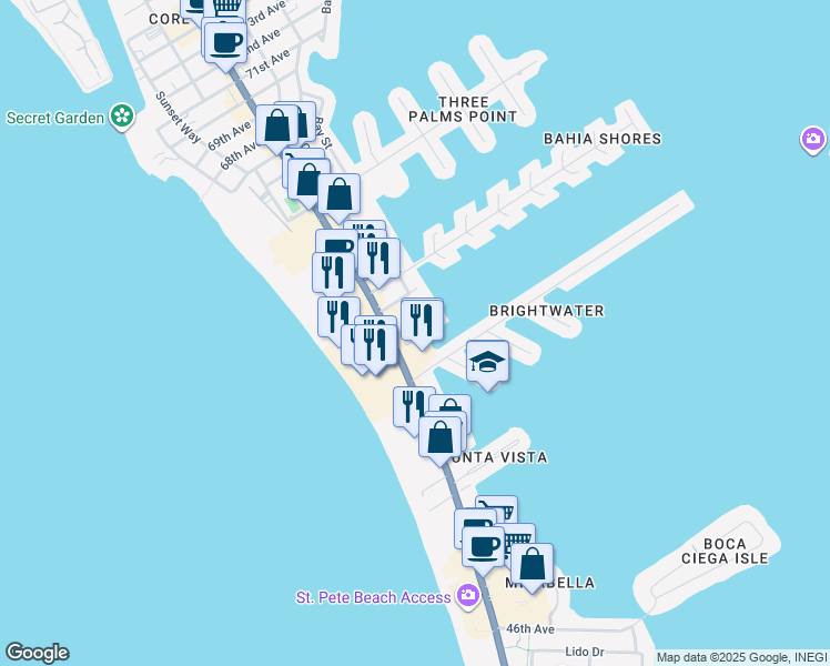 map of restaurants, bars, coffee shops, grocery stores, and more near 5501 Gulf Boulevard in St. Pete Beach