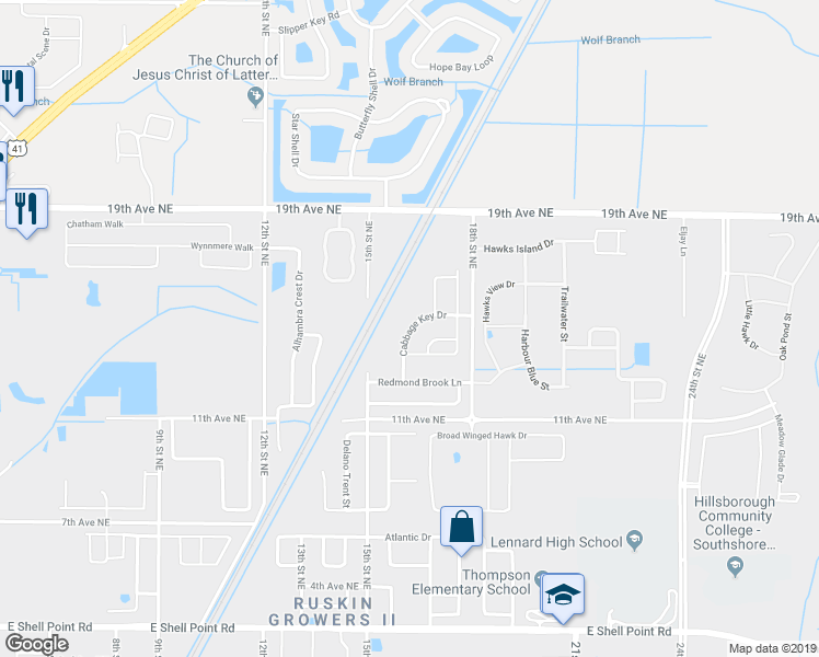 map of restaurants, bars, coffee shops, grocery stores, and more near 1606 Cabbage Key Drive in Ruskin