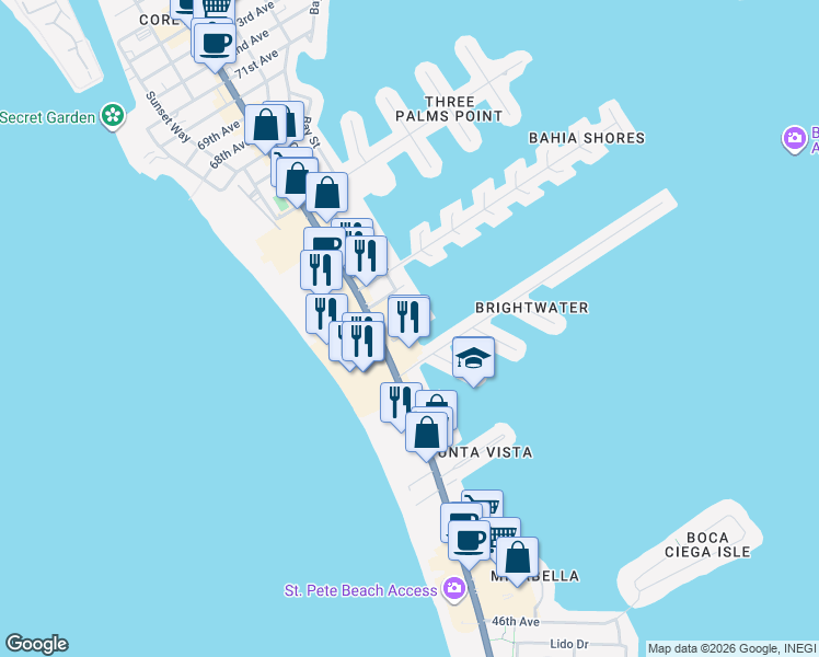 map of restaurants, bars, coffee shops, grocery stores, and more near 5555 Gulf Boulevard in St. Pete Beach