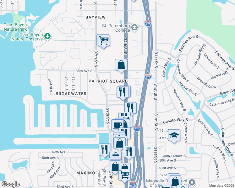 map of restaurants, bars, coffee shops, grocery stores, and more near 3435 41st Terrace South in Saint Petersburg