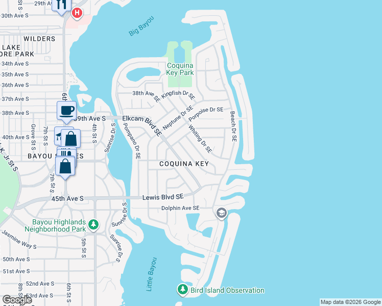 map of restaurants, bars, coffee shops, grocery stores, and more near 4270 Trout Drive Southeast in Saint Petersburg