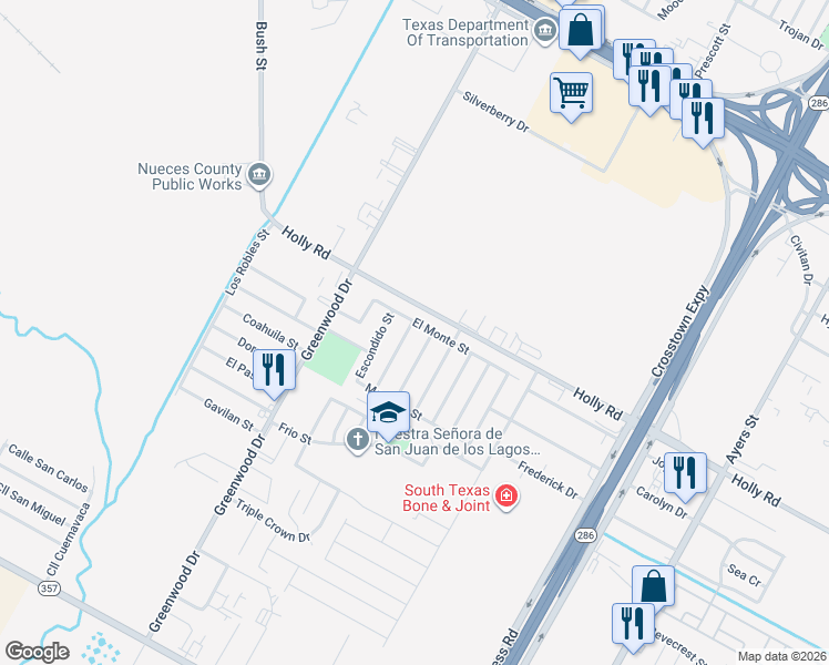 map of restaurants, bars, coffee shops, grocery stores, and more near 5602 Palo Verde Street in Corpus Christi