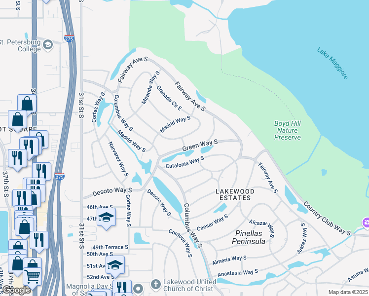 map of restaurants, bars, coffee shops, grocery stores, and more near 2400 Green Way South in Saint Petersburg