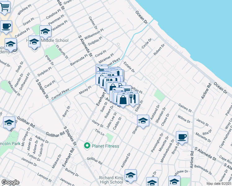 map of restaurants, bars, coffee shops, grocery stores, and more near 4256 South Alameda Street in Corpus Christi