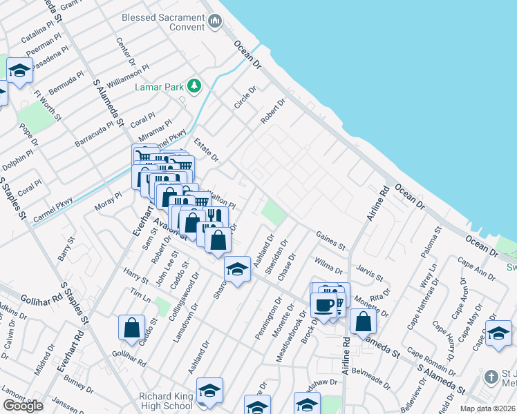 map of restaurants, bars, coffee shops, grocery stores, and more near 429 Eldon Drive in Corpus Christi