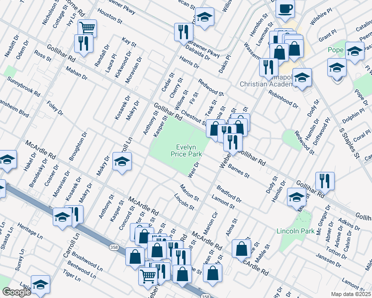 map of restaurants, bars, coffee shops, grocery stores, and more near 3801 Gollihar Road in Corpus Christi