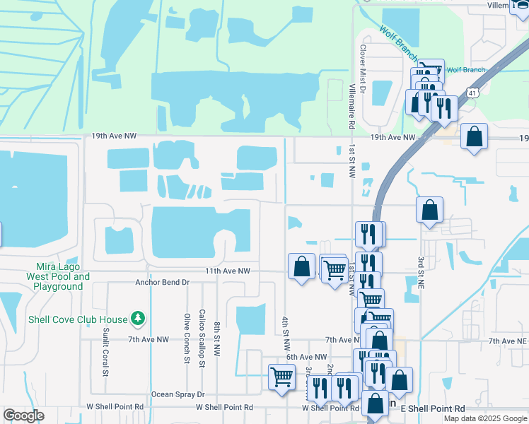 map of restaurants, bars, coffee shops, grocery stores, and more near 1401 Parker Den Drive in Ruskin