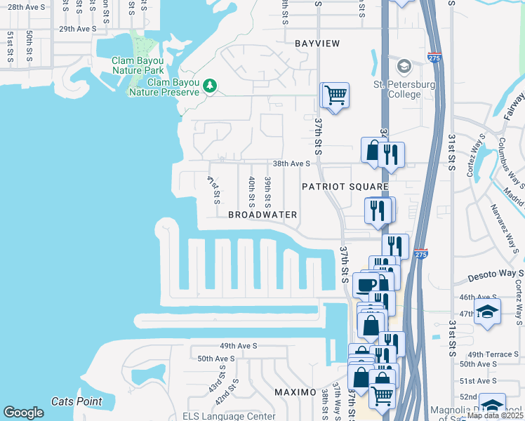 map of restaurants, bars, coffee shops, grocery stores, and more near 4000 42nd Avenue South in St. Petersburg