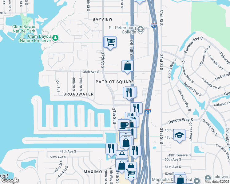 map of restaurants, bars, coffee shops, grocery stores, and more near 3590 40th Avenue South in St. Petersburg