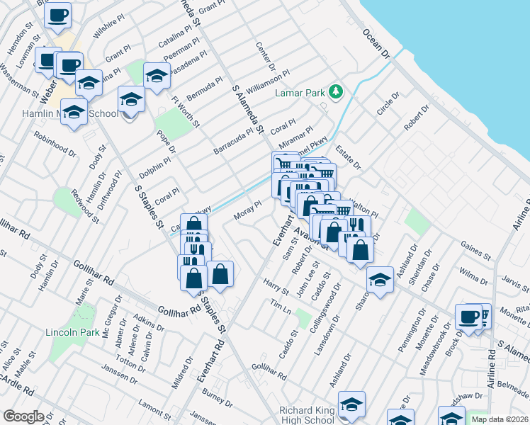 map of restaurants, bars, coffee shops, grocery stores, and more near 601 Moray Place in Corpus Christi