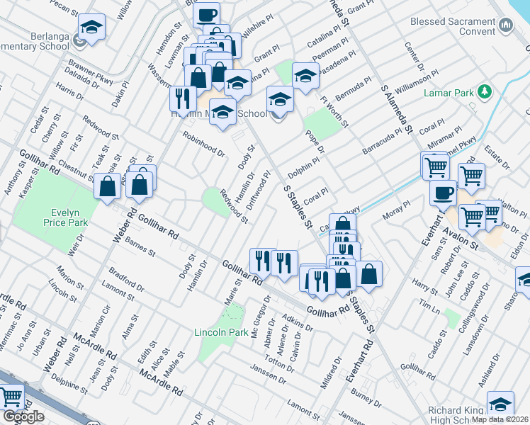 map of restaurants, bars, coffee shops, grocery stores, and more near 4225 Dolphin Place in Corpus Christi