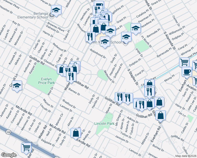 map of restaurants, bars, coffee shops, grocery stores, and more near 4314 Sherwood Drive in Corpus Christi