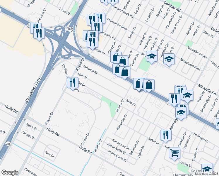 map of restaurants, bars, coffee shops, grocery stores, and more near 2633 Johanna Street in Corpus Christi
