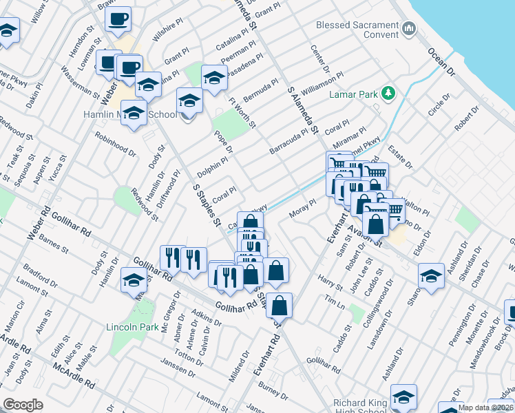 map of restaurants, bars, coffee shops, grocery stores, and more near 954 Carmel Parkway in Corpus Christi