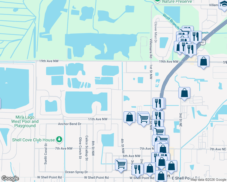 map of restaurants, bars, coffee shops, grocery stores, and more near 1504 Yale Castle Court in Ruskin